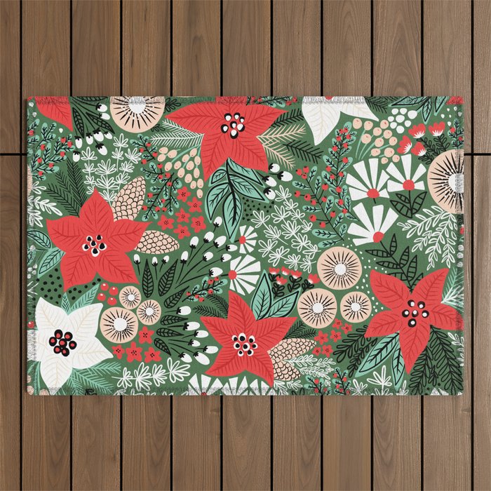 Christmas Holiday Flowers Poinsettia Green Red White Pattern Outdoor Rug Gallery Image 1