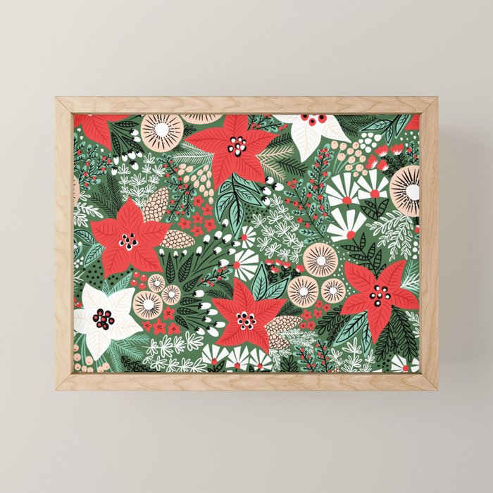 Christmas Holiday Flowers Poinsettia Green Red White Pattern Mini Art Print Gallery Image 1