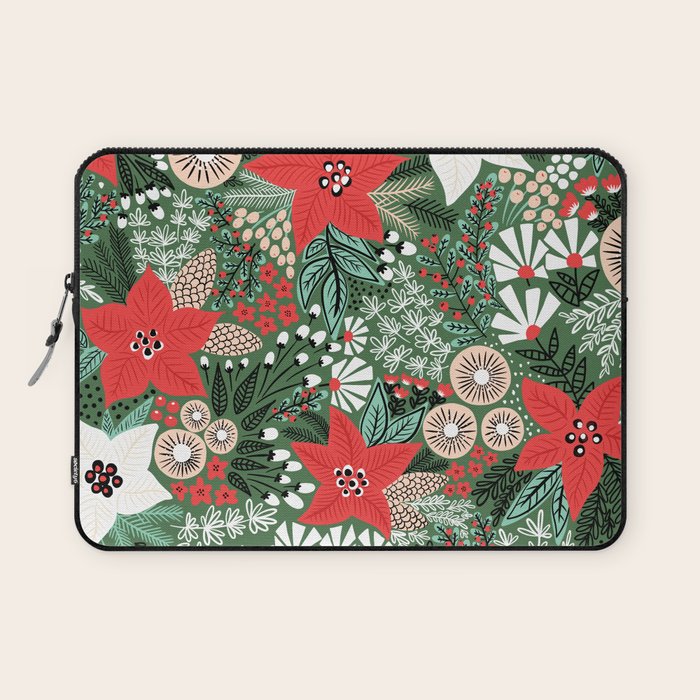 Christmas Holiday Flowers Poinsettia Green Red White Pattern Laptop Sleeve Gallery Image 1