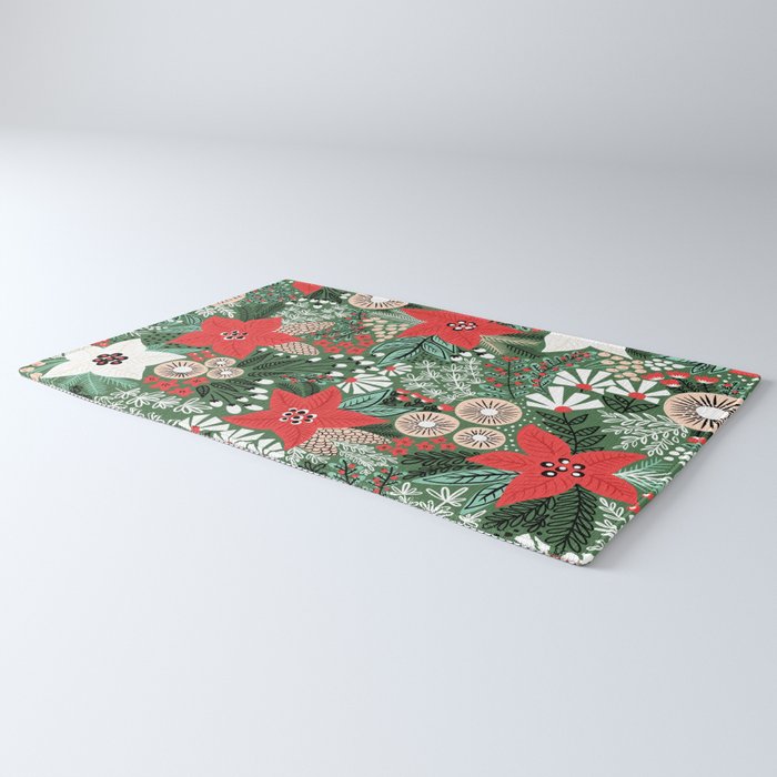 Christmas Holiday Flowers Poinsettia Green Red White Pattern Rug Gallery Image 3