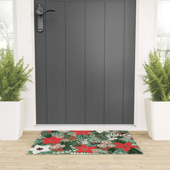 Christmas Holiday Flowers Poinsettia Green Red White Pattern Welcome Mat Gallery Image 3