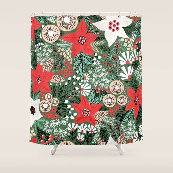Christmas Holiday Flowers Poinsettia Green Red White Pattern Shower Curtain Gallery Image 1