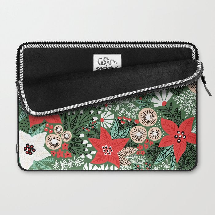 Christmas Holiday Flowers Poinsettia Green Red White Pattern Laptop Sleeve Gallery Image 2