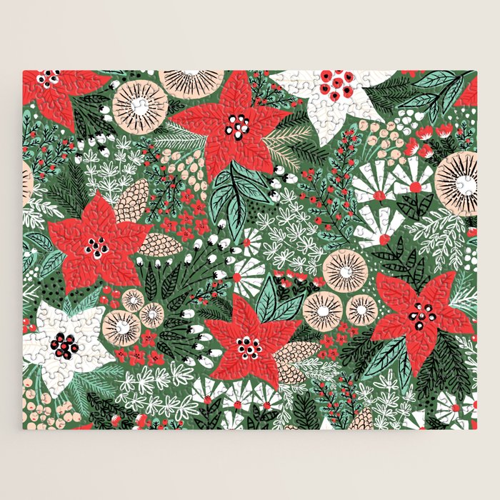 Christmas Holiday Flowers Poinsettia Green Red White Pattern Jigsaw Puzzle Gallery Image 1