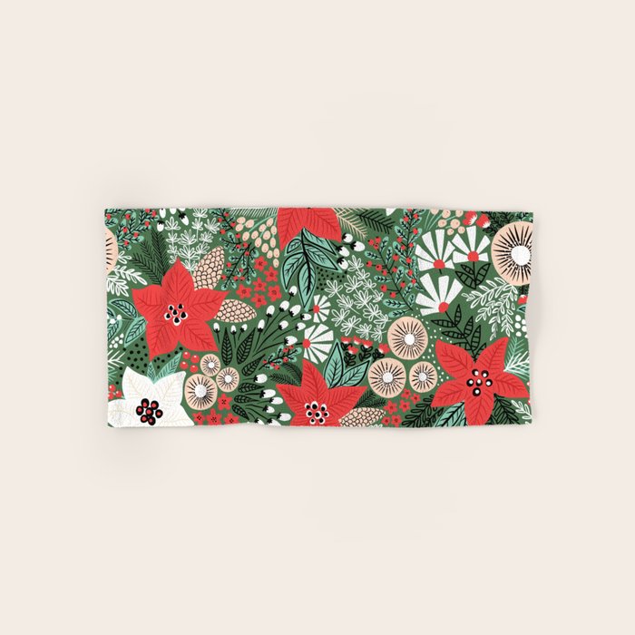 Christmas Holiday Flowers Poinsettia Green Red White Pattern Bath Towel Gallery Image 1