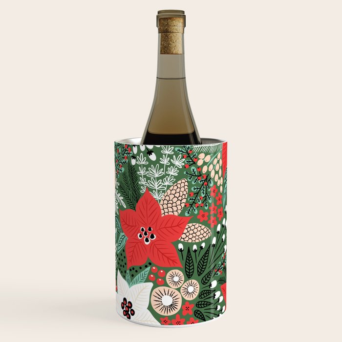 Christmas Holiday Flowers Poinsettia Green Red White Pattern Wine Chiller Gallery Image 2