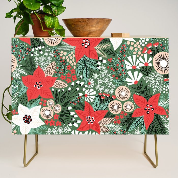 Christmas Holiday Flowers Poinsettia Green Red White Pattern Credenza Gallery Image 1