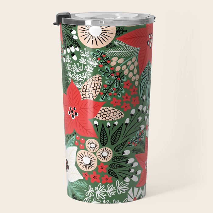Christmas Holiday Flowers Poinsettia Green Red White Pattern Travel Mug Gallery Image 3
