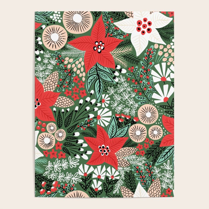 Christmas Holiday Flowers Poinsettia Green Red White Pattern Poster Gallery Image 4
