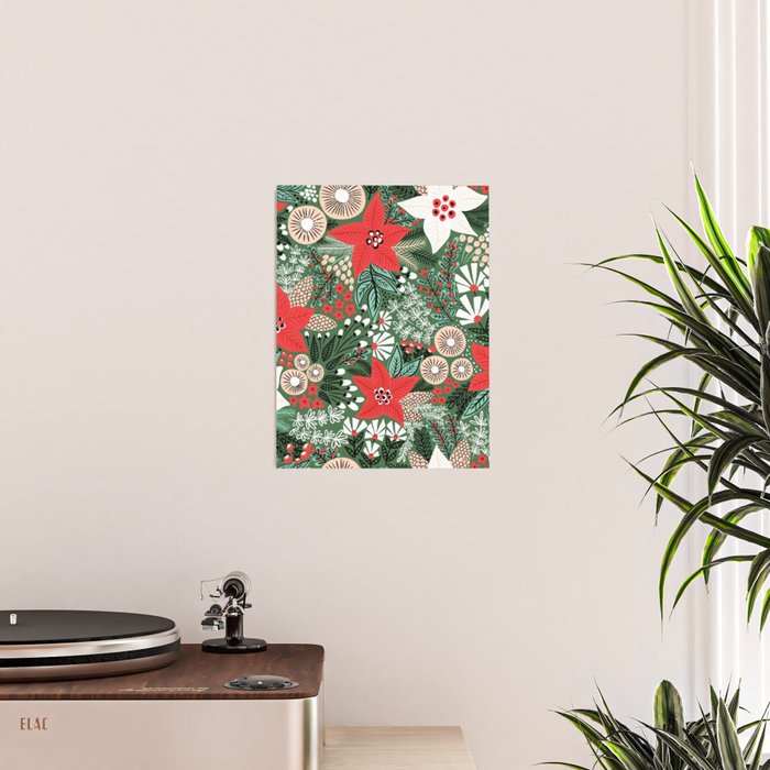 Christmas Holiday Flowers Poinsettia Green Red White Pattern Poster Gallery Image 2
