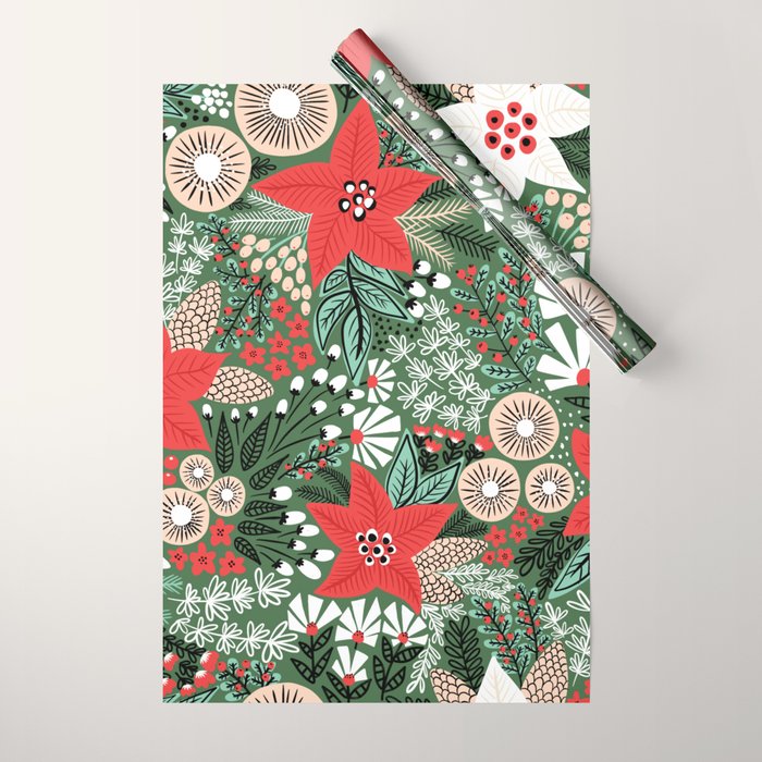 Christmas Holiday Flowers Poinsettia Green Red White Pattern Wrapping Paper Gallery Image 1