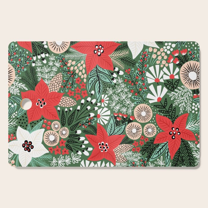 Christmas Holiday Flowers Poinsettia Green Red White Pattern Cutting Board Gallery Image 1