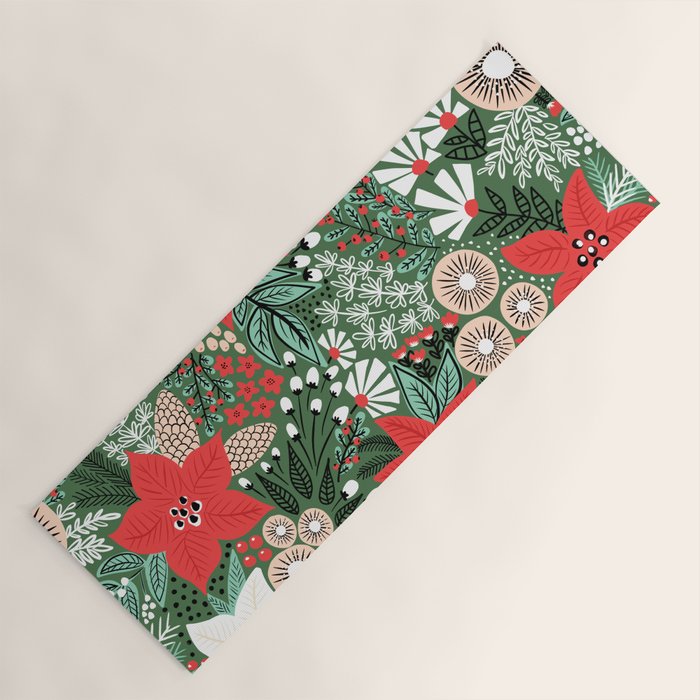 Christmas Holiday Flowers Poinsettia Green Red White Pattern Yoga Mat Gallery Image 1