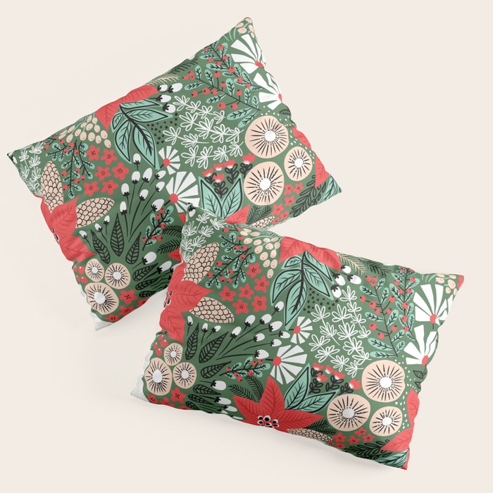 Christmas Holiday Flowers Poinsettia Green Red White Pattern Pillow Sham Gallery Image 3