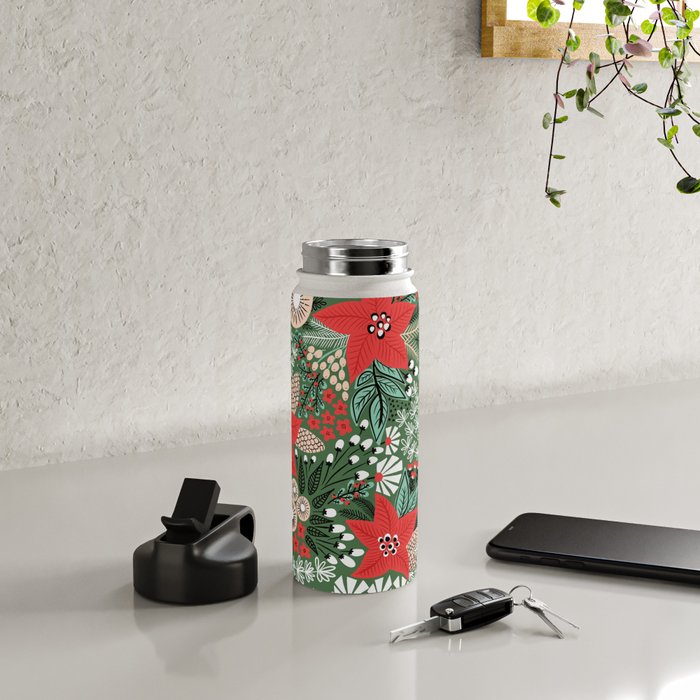 Christmas Holiday Flowers Poinsettia Green Red White Pattern Water Bottle Gallery Image 4