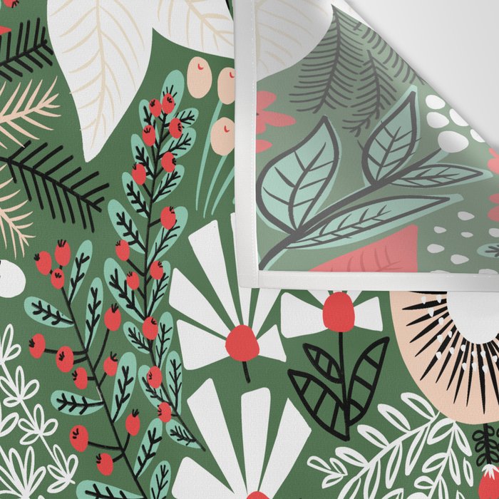 Christmas Holiday Flowers Poinsettia Green Red White Pattern Wall Tapestry Gallery Image 3