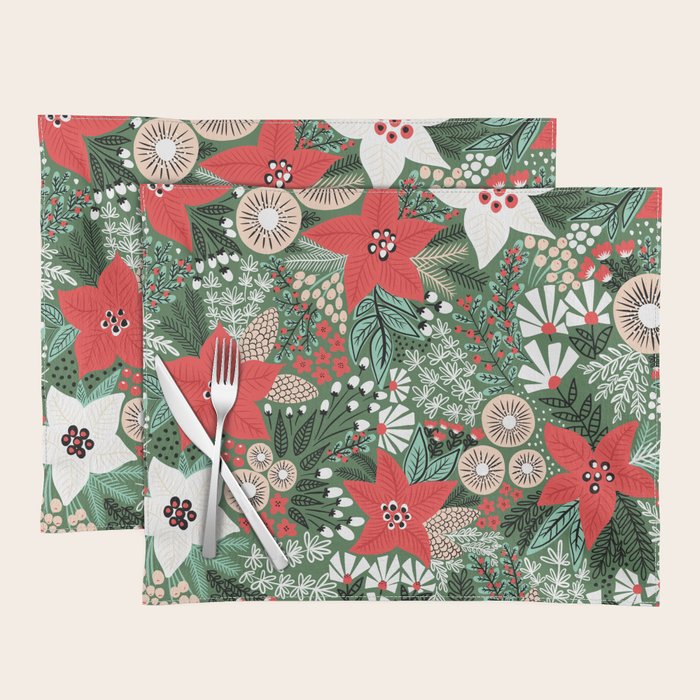 Christmas Holiday Flowers Poinsettia Green Red White Pattern Placemat Gallery Image 1
