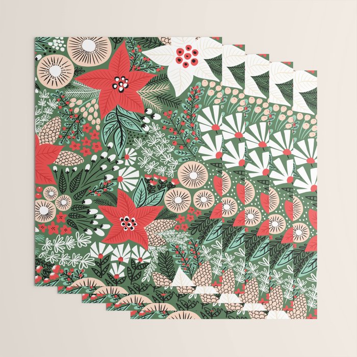 Christmas Holiday Flowers Poinsettia Green Red White Pattern Wrapping Paper Gallery Image 3