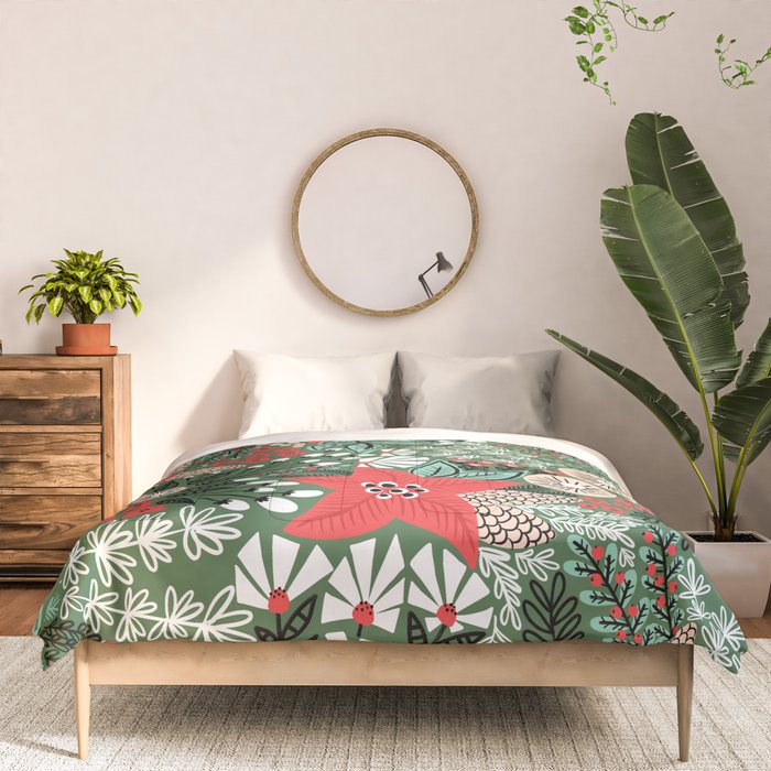 Christmas Holiday Flowers Poinsettia Green Red White Pattern Comforter Gallery Image 3