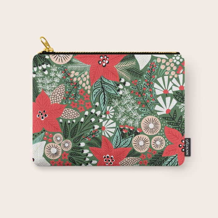 Christmas Holiday Flowers Poinsettia Green Red White Pattern Carry All Pouch Gallery Image 1