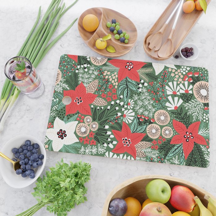 Christmas Holiday Flowers Poinsettia Green Red White Pattern Cutting Board Gallery Image 2