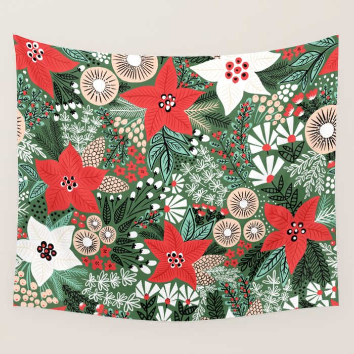 Christmas Holiday Flowers Poinsettia Green Red White Pattern Wall Tapestry Gallery Image 4