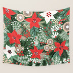 Christmas Holiday Flowers Poinsettia Green Red White Pattern Wall Tapestry Gallery Image 4
