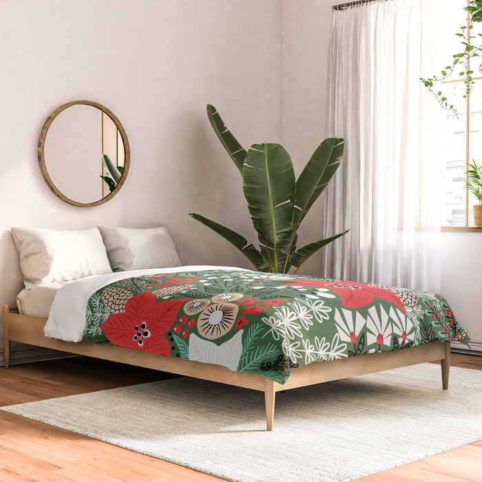 Christmas Holiday Flowers Poinsettia Green Red White Pattern Comforter Gallery Image 2