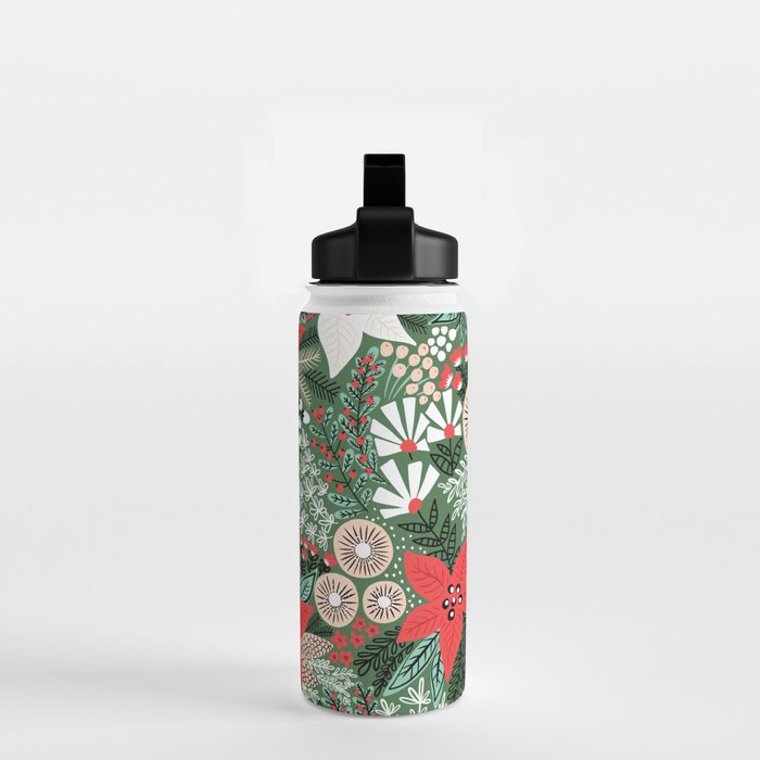 Christmas Holiday Flowers Poinsettia Green Red White Pattern Water Bottle Gallery Image 2