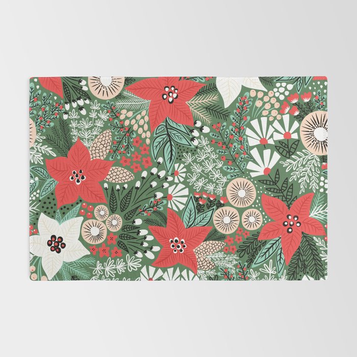 Christmas Holiday Flowers Poinsettia Green Red White Pattern Rug Gallery Image 2