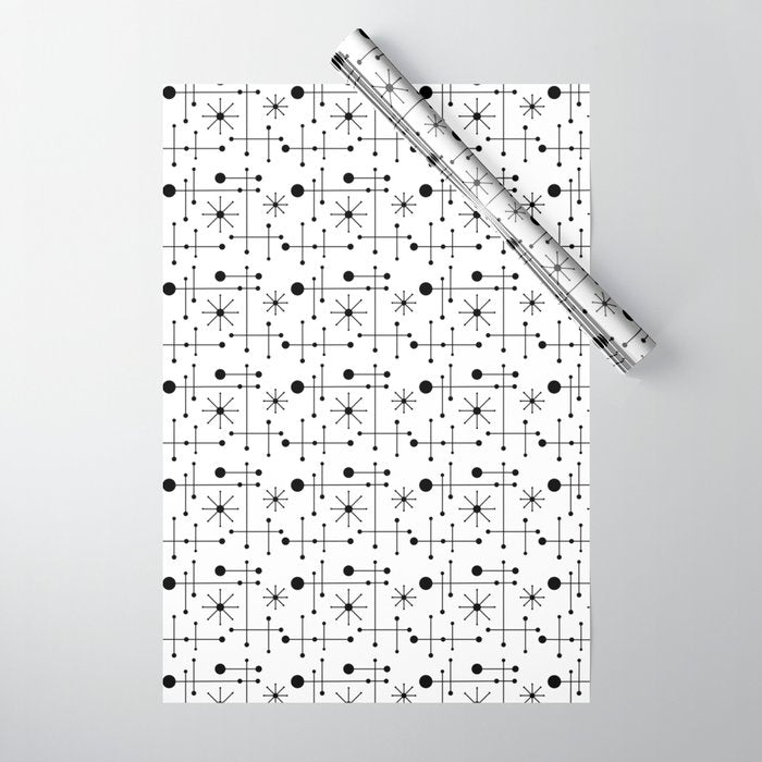 Atomic Retro Mid Century Modern Pattern Black and White Wrapping Paper Gallery Image 1