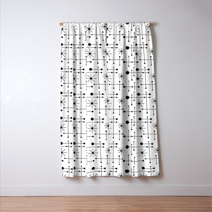Atomic Retro Mid Century Modern Pattern Black and White Window Curtain Gallery Image 3