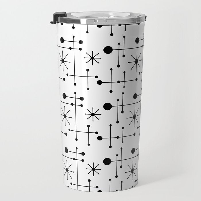 Atomic Retro Mid Century Modern Pattern Black and White Travel Mug Gallery Image 3