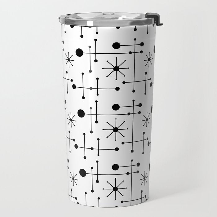 Atomic Retro Mid Century Modern Pattern Black and White Travel Mug Gallery Image 2