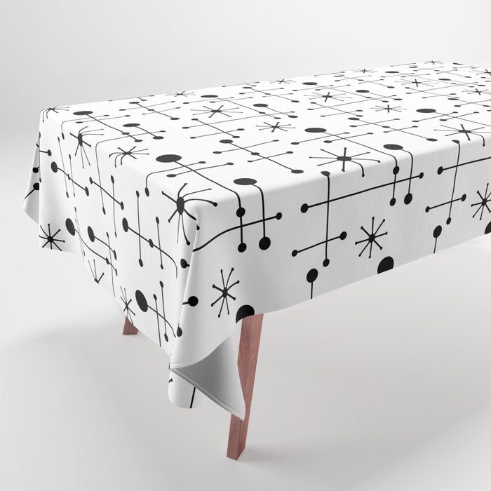 Atomic Retro Mid Century Modern Pattern Black and White Tablecloth Gallery Image 1