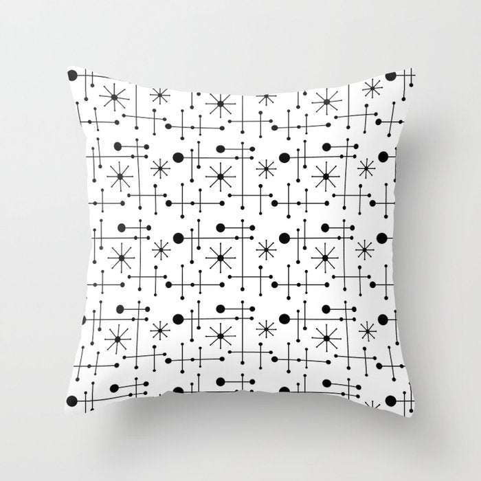 Atomic Retro Mid Century Modern Pattern Black and White Throw Pillow Gallery Image 1