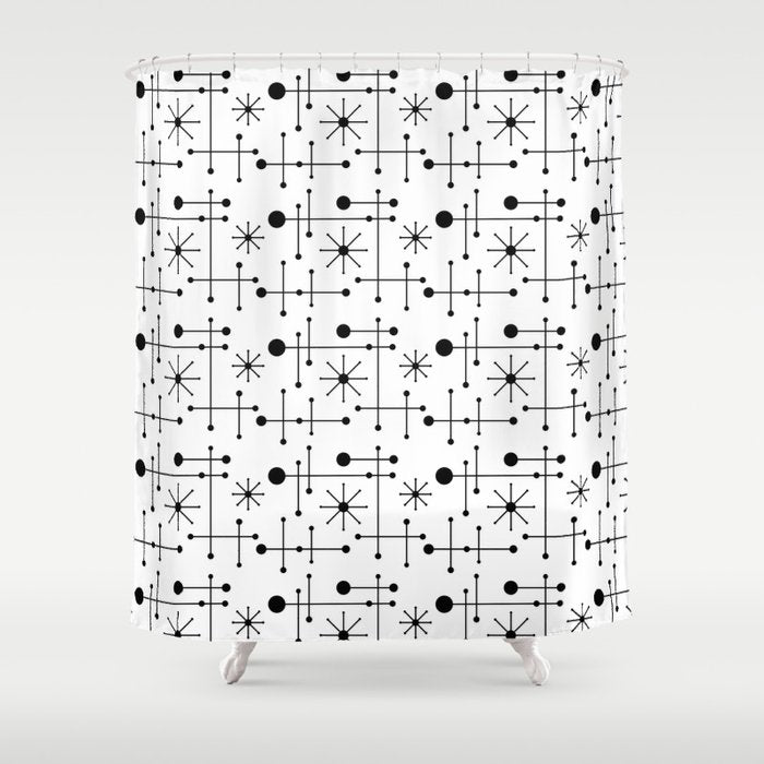 Atomic Retro Mid Century Modern Pattern Black and White Shower Curtain Gallery Image 1
