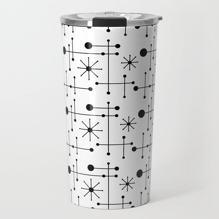 Atomic Retro Mid Century Modern Pattern Black and White Travel Mug Gallery Image 1