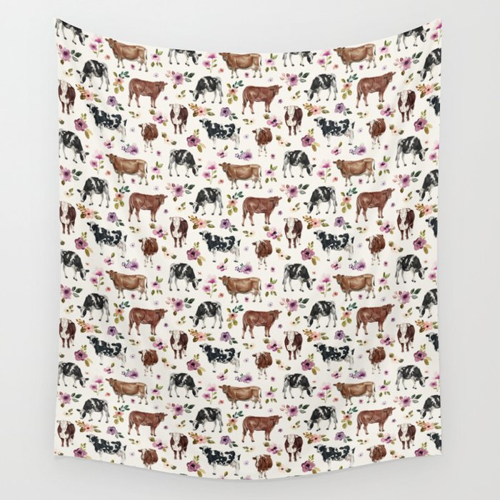 Boho Floral Cow Print with Purple flowers on Cream Wall Tapestry Gallery Image 4