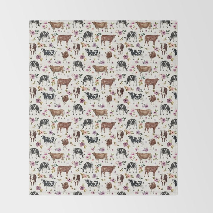 Boho Floral Cow Print with Purple flowers on Cream Throw Blanket Gallery Image 2