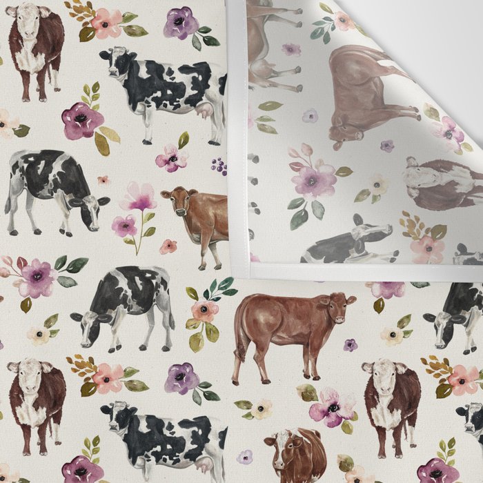 Boho Floral Cow Print with Purple flowers on Cream Wall Tapestry Gallery Image 3