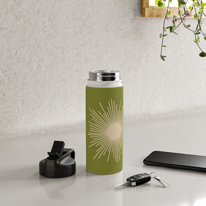 Mid-Century Modern Sunburst II - Minimalist Sun in Mid Mod Beige and Olive Green Water Bottle Gallery Image 4