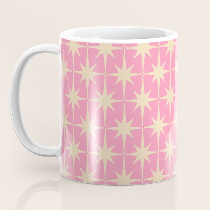 Midcentury Modern Atomic Age Starburst Star Pattern in Pink and Cream Coffee Mug Gallery Image 3