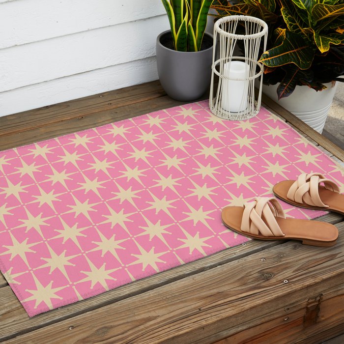 Midcentury Modern Atomic Age Starburst Star Pattern in Pink and Cream Outdoor Rug Gallery Image 2