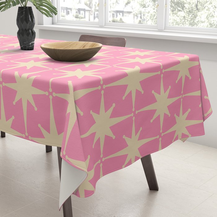 Midcentury Modern Atomic Age Starburst Star Pattern in Pink and Cream Tablecloth Gallery Image 3