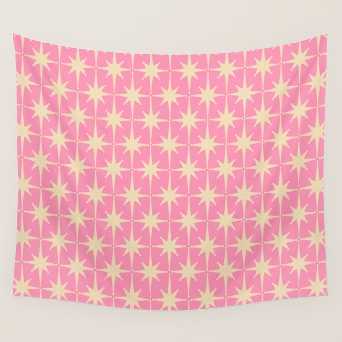Midcentury Modern Atomic Age Starburst Star Pattern in Pink and Cream Wall Tapestry Gallery Image 1
