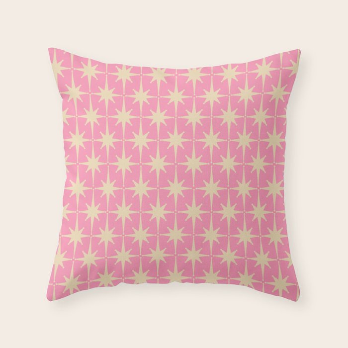 Midcentury Modern Atomic Age Starburst Star Pattern in Pink and Cream Throw Pillow Gallery Image 1