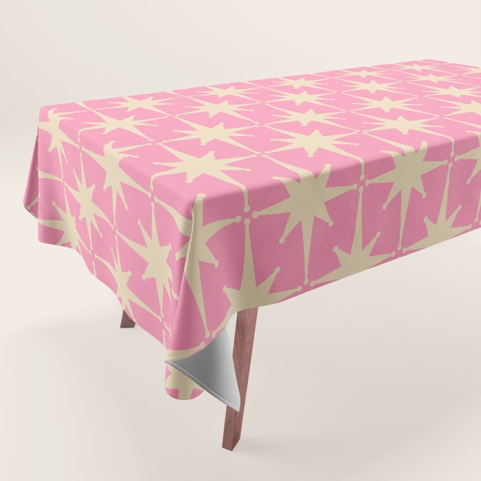 Midcentury Modern Atomic Age Starburst Star Pattern in Pink and Cream Tablecloth Gallery Image 1