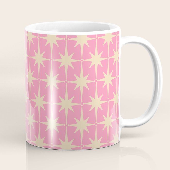 Midcentury Modern Atomic Age Starburst Star Pattern in Pink and Cream Coffee Mug Gallery Image 1