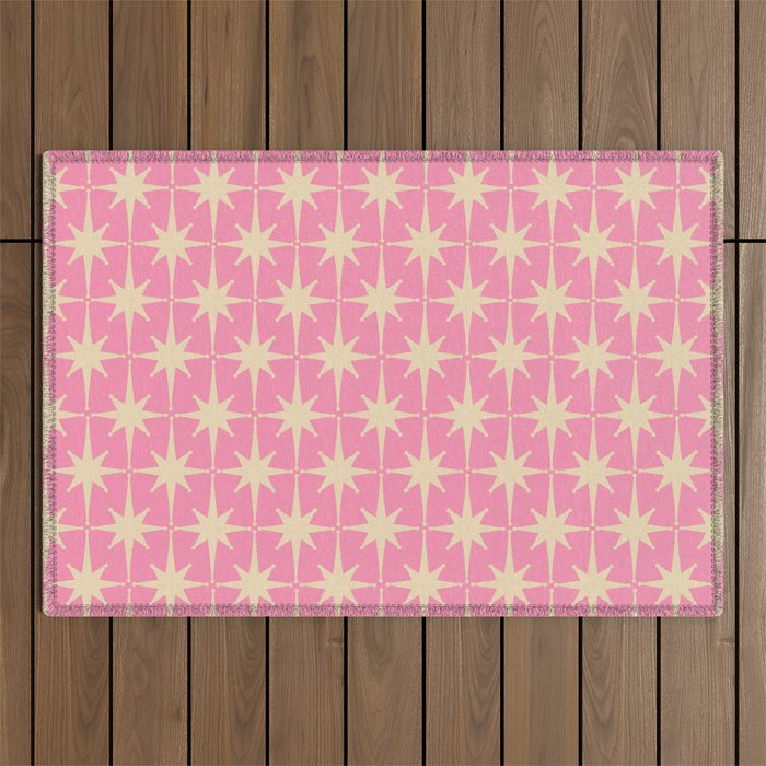 Midcentury Modern Atomic Age Starburst Star Pattern in Pink and Cream Outdoor Rug Gallery Image 1
